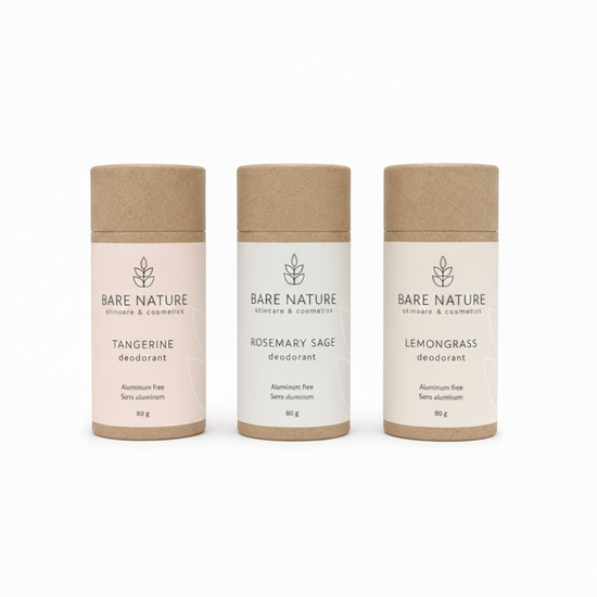Three Bare Nature skincare deodorant stick tubes in kraft paper packaging, shown side by side on a white background. The labels are light pink, white, and cream, with text for Tangerine, Rosemary Sage, and Lemongrass deodorant.