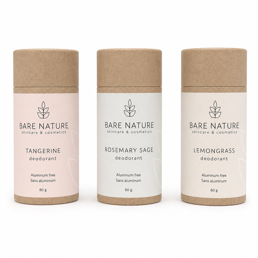 Three Bare Nature skincare deodorant stick tubes in kraft paper packaging, shown side by side on a white background. The labels are light pink, white, and cream, with text for Tangerine, Rosemary Sage, and Lemongrass deodorant.