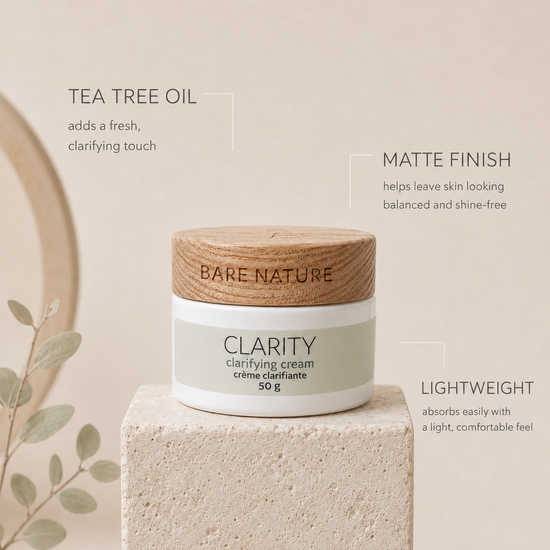 A cosmetic jar labeled 'BARE NATURE Clarity Clarifying Cream 50 g' sits on a textured stone pedestal with marketing text callouts around it: tea tree oil, matte finish, and lightweight.