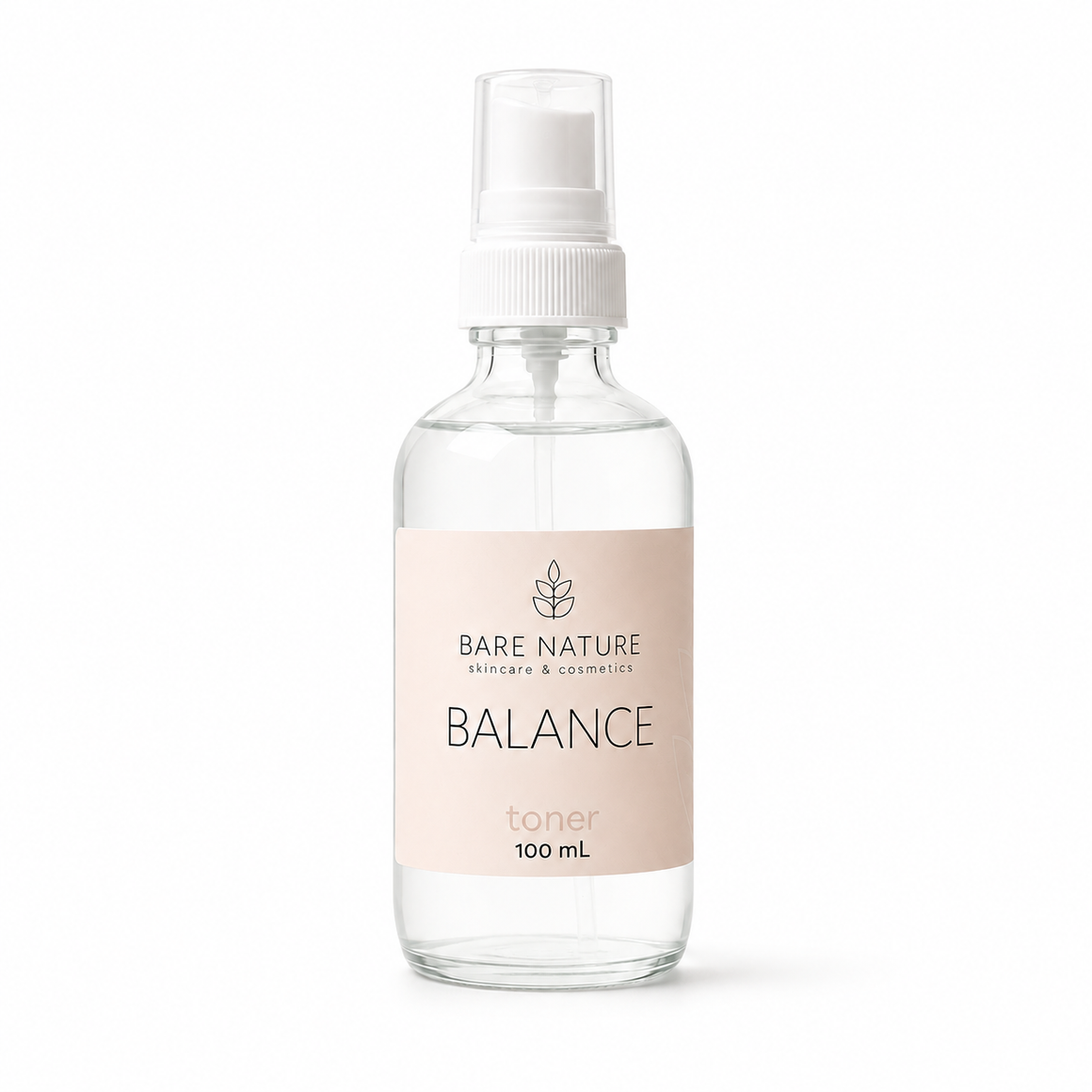 A 100 mL clear glass spray bottle of Bare Nature Balance Toner with a white pump and a pale pink label, set against a plain white background.