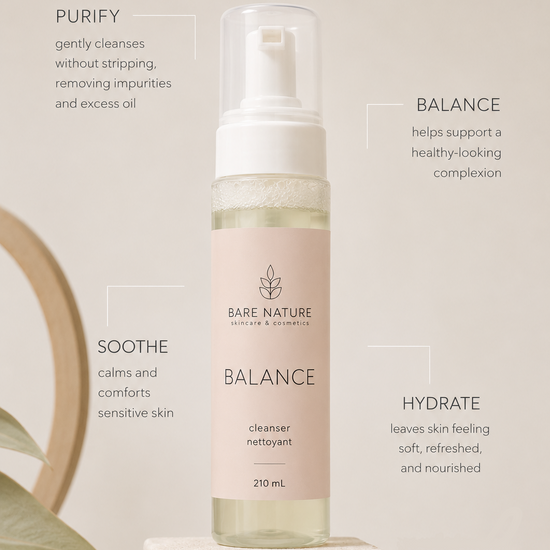 Bare Nature Balance cleanser bottle displayed on a stone pedestal with text callouts describing its purifying, soothing, balancing, and hydrating benefits.