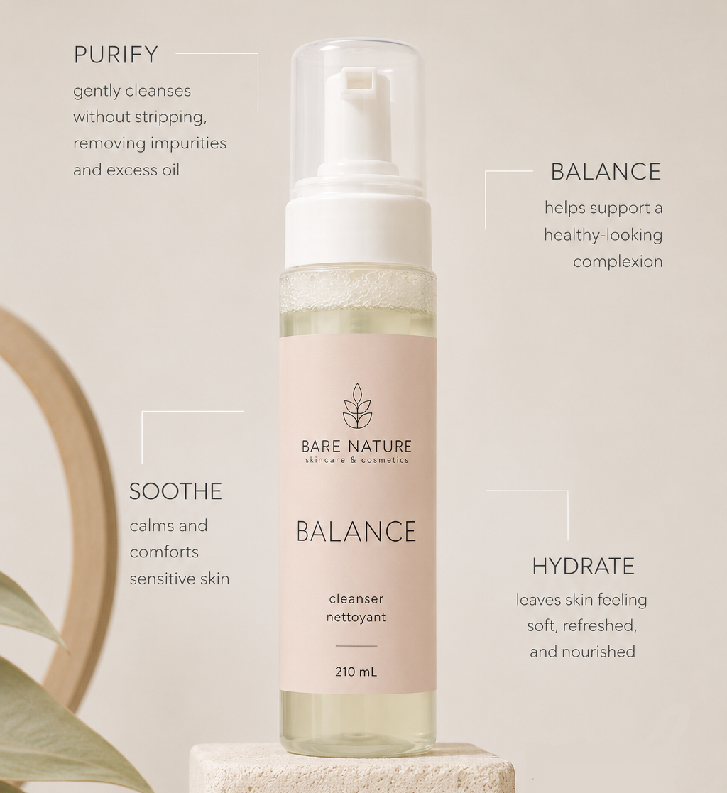Bare Nature Balance cleanser bottle displayed on a stone pedestal with text callouts describing its purifying, soothing, balancing, and hydrating benefits.