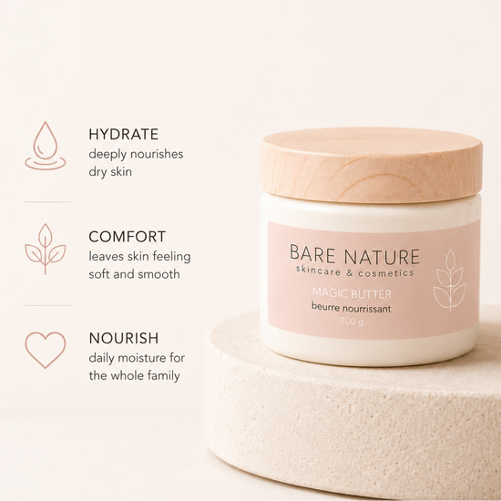 A jar of Bare Nature Magic Butter skincare product on a light beige pedestal with three text callouts on the left: Hydrate, Comfort, and Nourish.