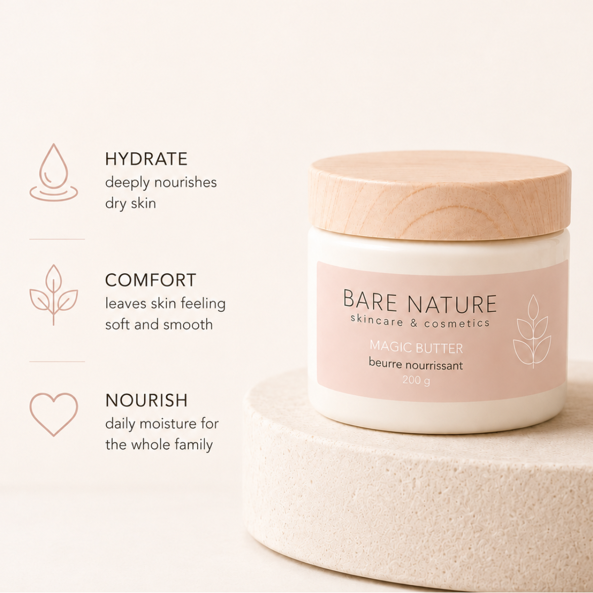 A jar of Bare Nature Magic Butter skincare product on a light beige pedestal with three text callouts on the left: Hydrate, Comfort, and Nourish.