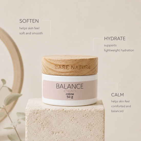 A cosmetic cream jar labeled BARE NATURE BALANCE Crème 50 g' sits on a textured stone pedestal with marketing text callouts around it: 'SOFTEN', 'HYDRATE', and 'CALM'. The jar has a light wood lid and a pale blush pink label on a white base, photographed in a soft neutral setting.