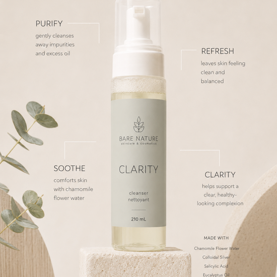 A 270 mL pump bottle of Bare Nature Skincare Clarity cleanser, displayed on a textured stone pedestal. The bottle has a light gray-green label and a white pump dispenser. 