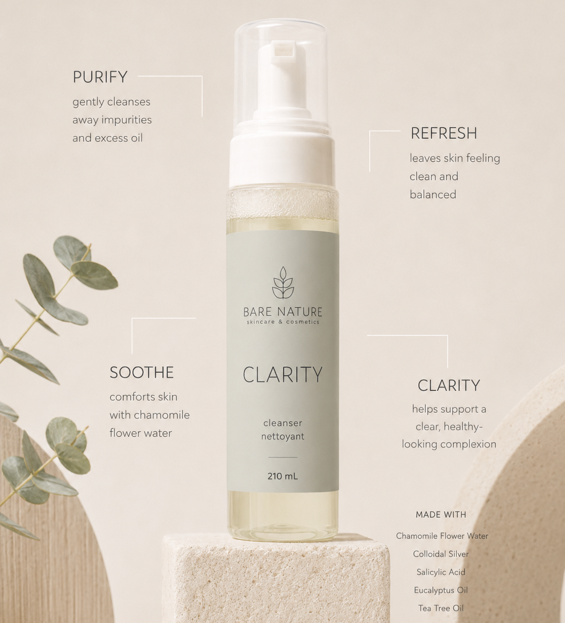 A 270 mL pump bottle of Bare Nature Skincare Clarity cleanser, displayed on a textured stone pedestal. The bottle has a light gray-green label and a white pump dispenser. 