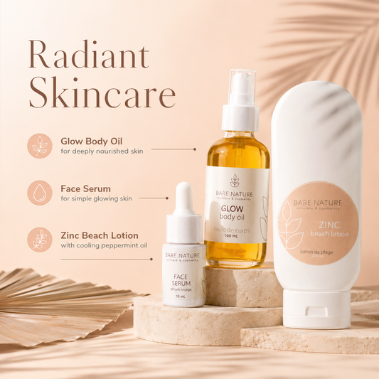 Three Bare Nature skincare products arranged on beige stone blocks against a warm beige background with decorative leaves: a tall bottle of glow body oil, a small dropper bottle of face serum, and a large white tube of zinc beach lotion. Text on the left reads 'Radiant Skincare' with ingredient callouts.