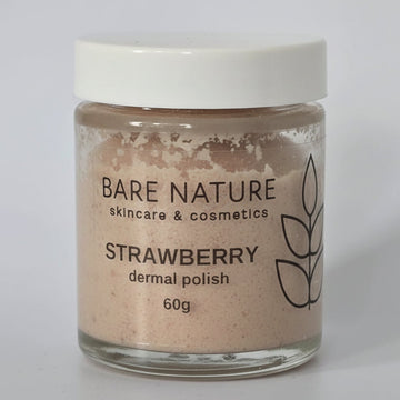 Bare Nature Strawberry Dermal Polish in a 60g glass jar with white plastic lid, sitting on a white background.