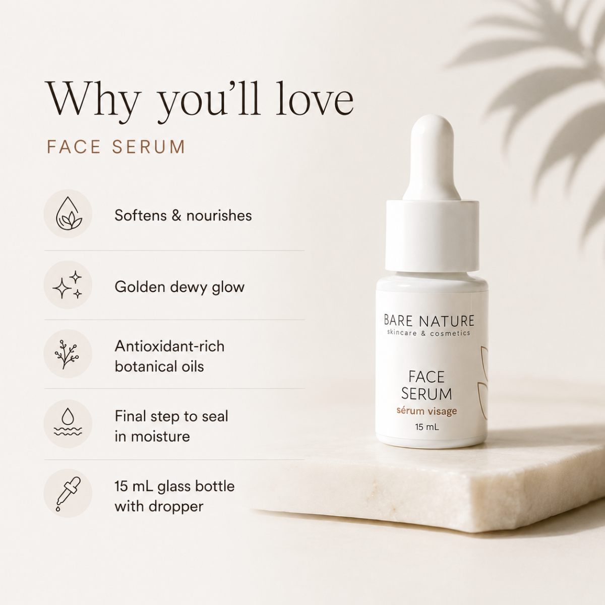 Bare Nature face serum bottle with features listed on a light background