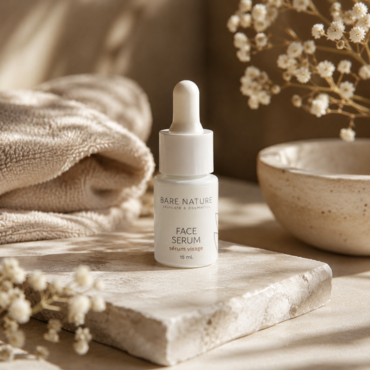 Bottle of Bare Nature face serum on a wooden surface with a towel and flowers in the background