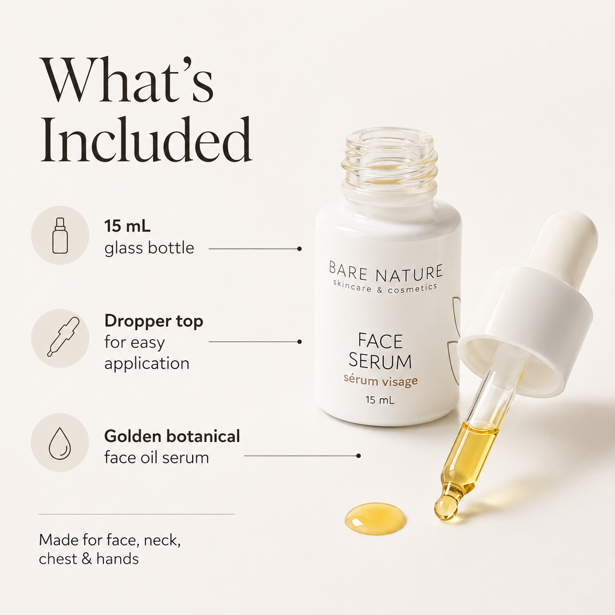 Bare Nature face serum with dropper and bottle on a white background