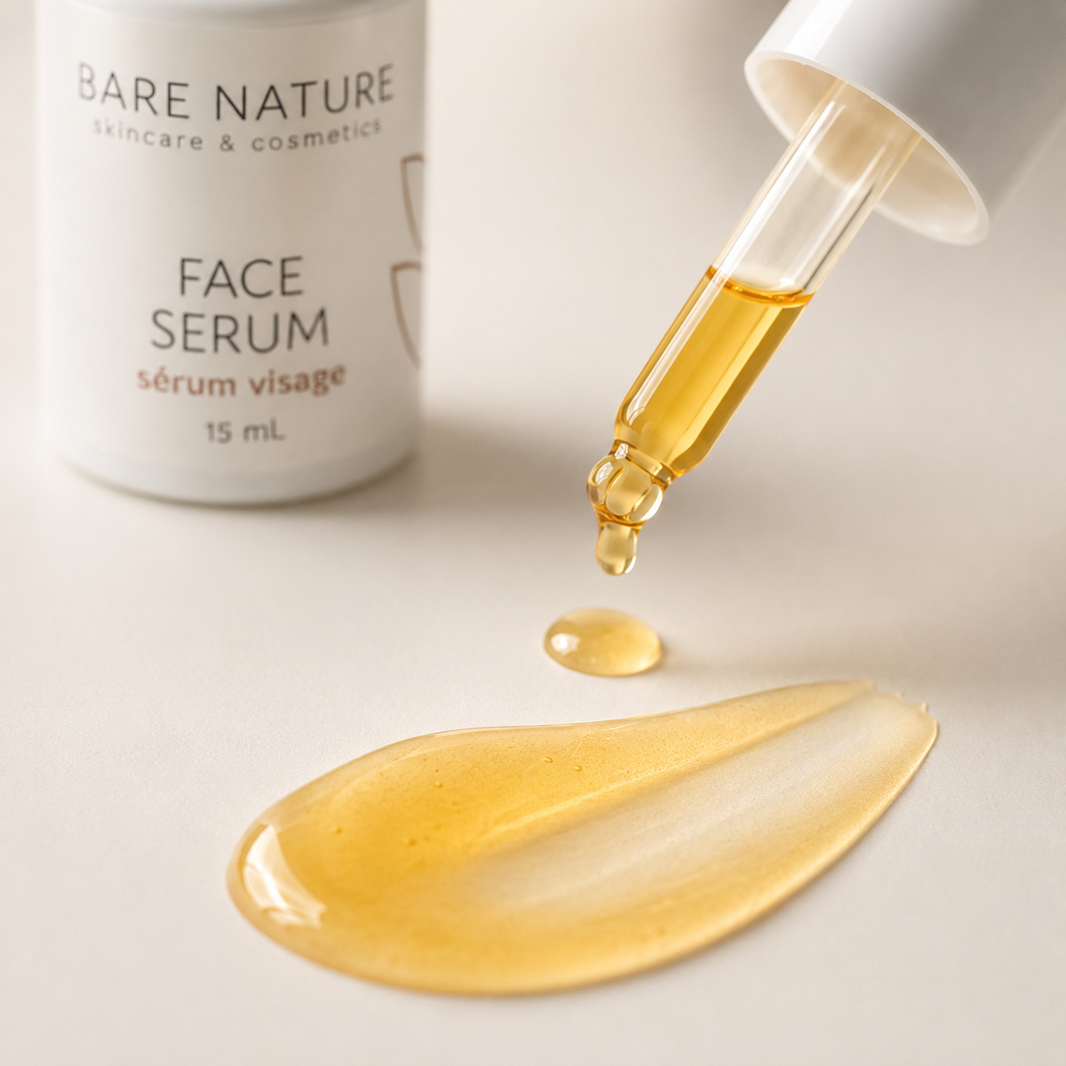 Bare Nature face serum with dropper and bottle on a light background