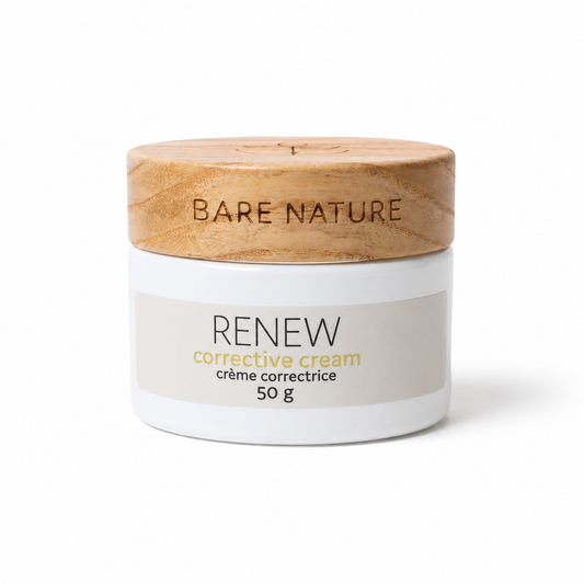Jar of Bare Nature Renew corrective cream with wooden lid on a white background designed for deep hydrating dry skin
