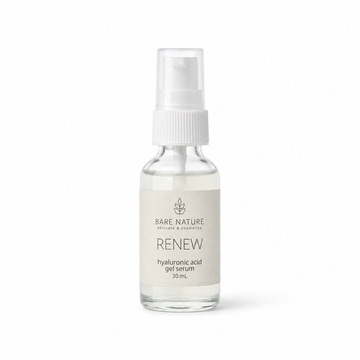 Clear glass bottle with white cap labeled 'Bare Nature Renew' on a white background