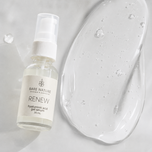 Bottle of Bare Nature Renew hyaluronic acid gel serum on a white background