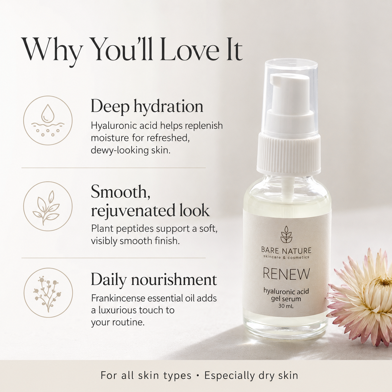 Bottle of Bare Nature Renew serum with text on deep hydration, smooth look, and daily nourishment.